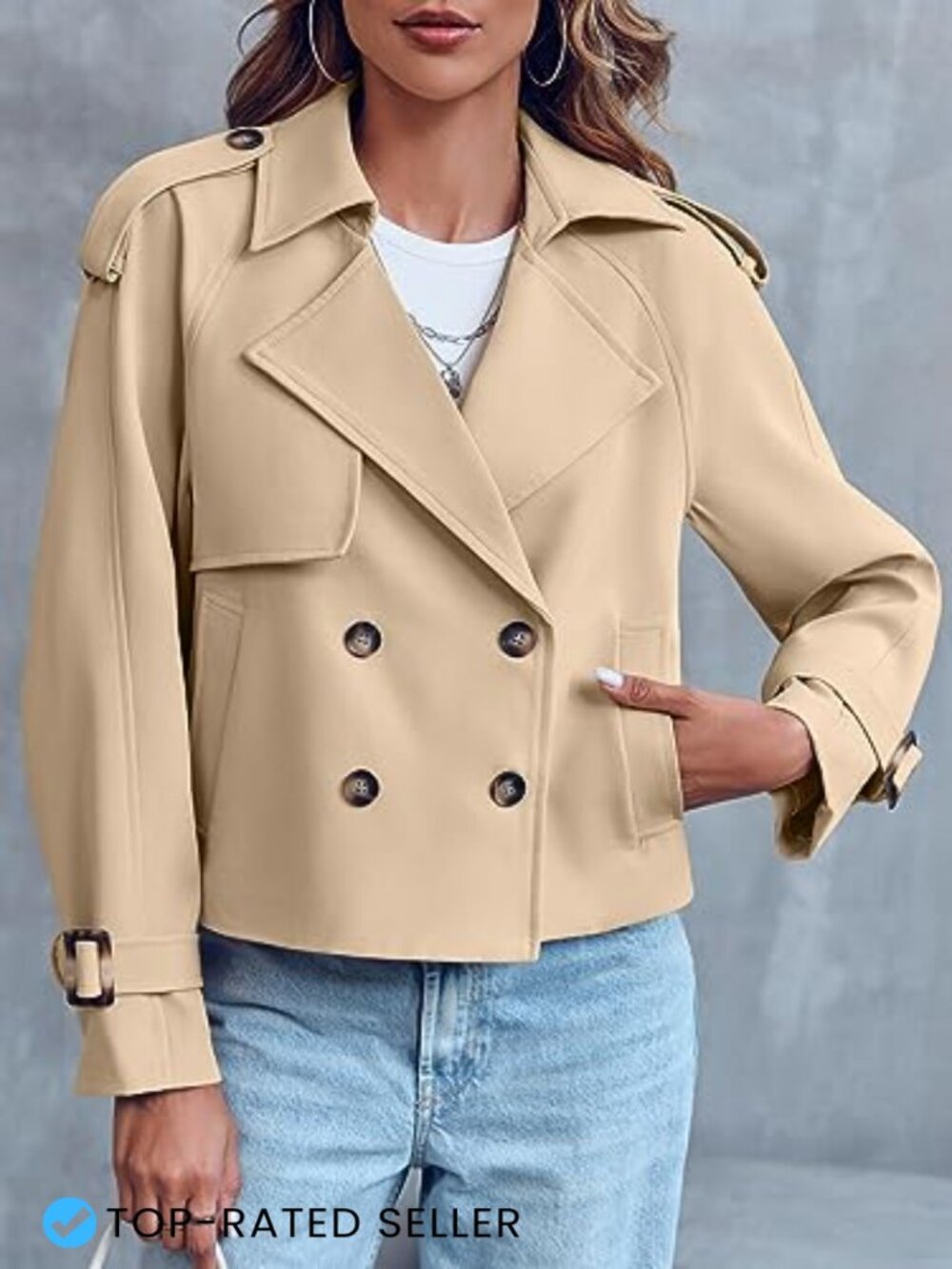 Cropped Double Breasted Trench Coat Raglan Sleeve Chic Work Office Jacket - Picture 3 of 7